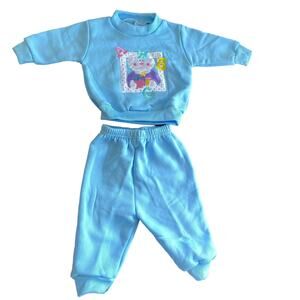 Vintage Kid Fusion Baby 2 Piece Outfit 0-6M Blue Fleece Lined Satin Embroidered